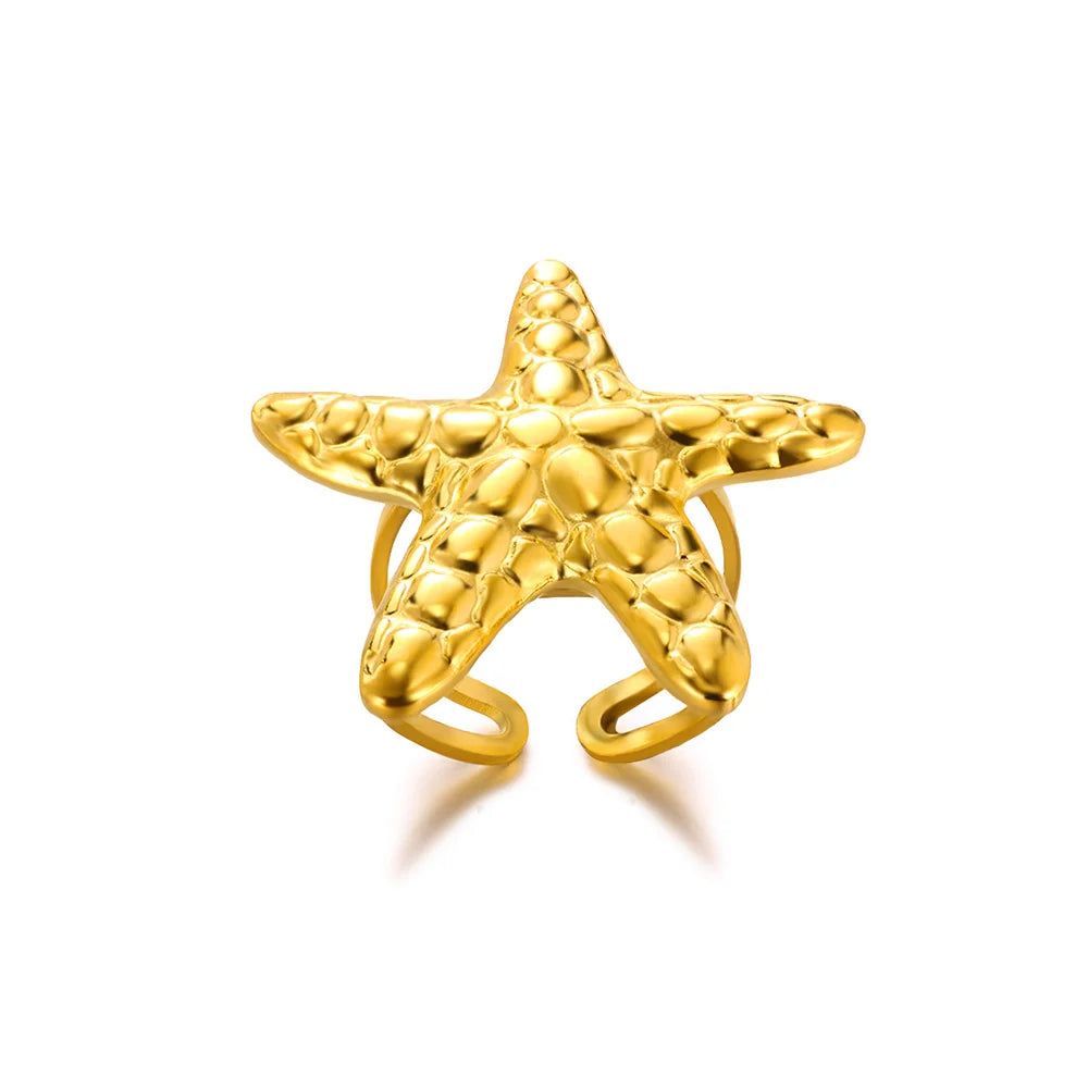 316L Edelstahl Seestern Muschel Ringe für Frauen Gold Farbe Offener Fingerring Femme Trendiger Sommerurlaub Ozean Schmuck Geschenk