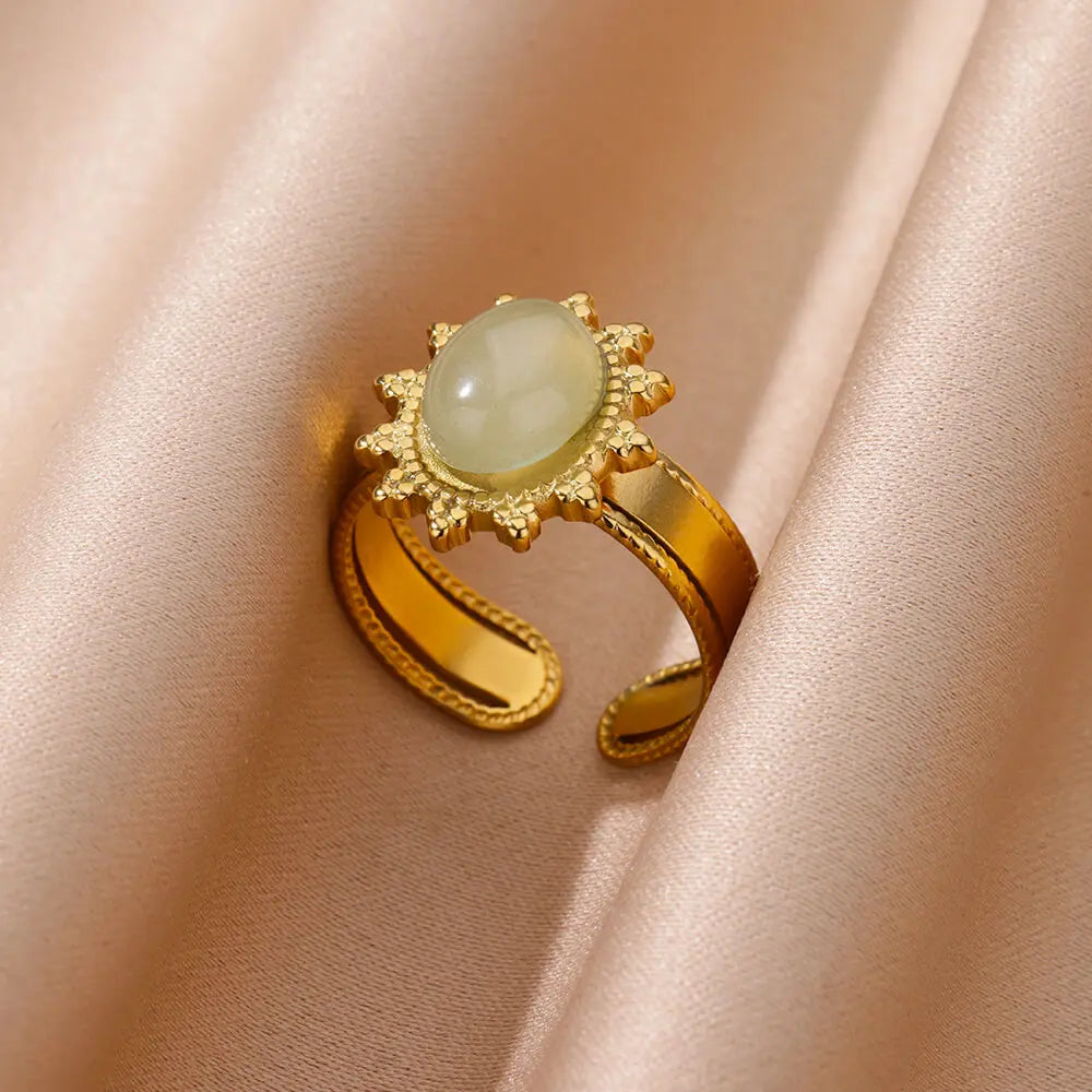 Edelstahl glatt doppelte Kugelperlenringe für Frauen Vintage Opal Natursteinring Mode Goldfarbe Ästhetischer Schmuck