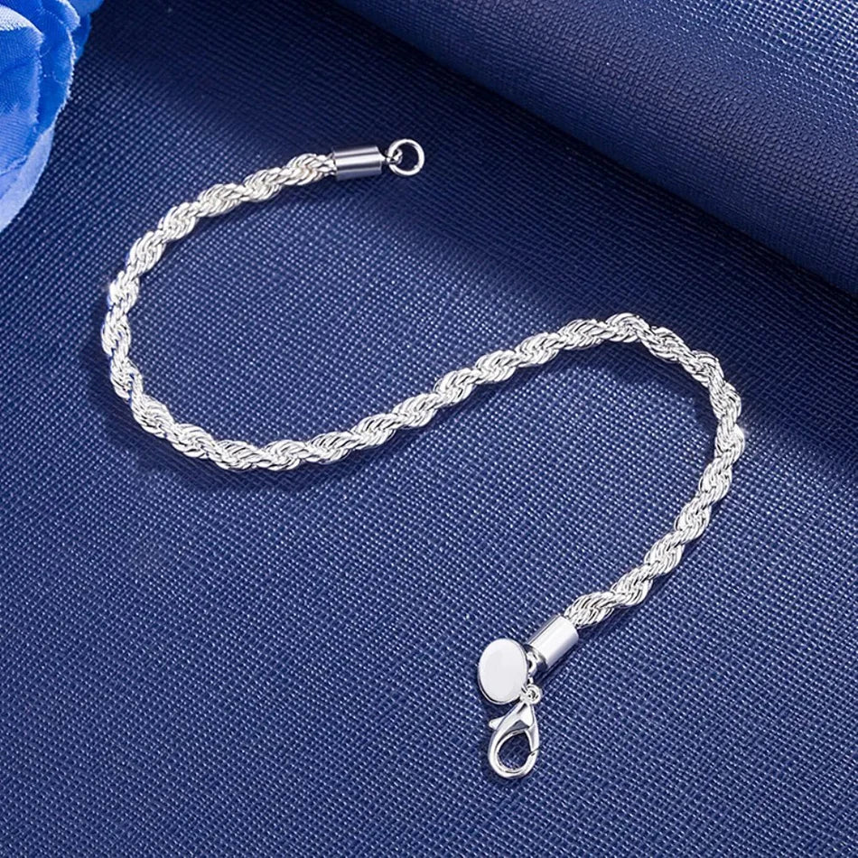 ALIZERO 925 Sterling Silber Unisex 4mm Seilkette Armbänder für Herren Damen Gedrehte Gliederkette Armband Einfacher Klassischer Schmuck