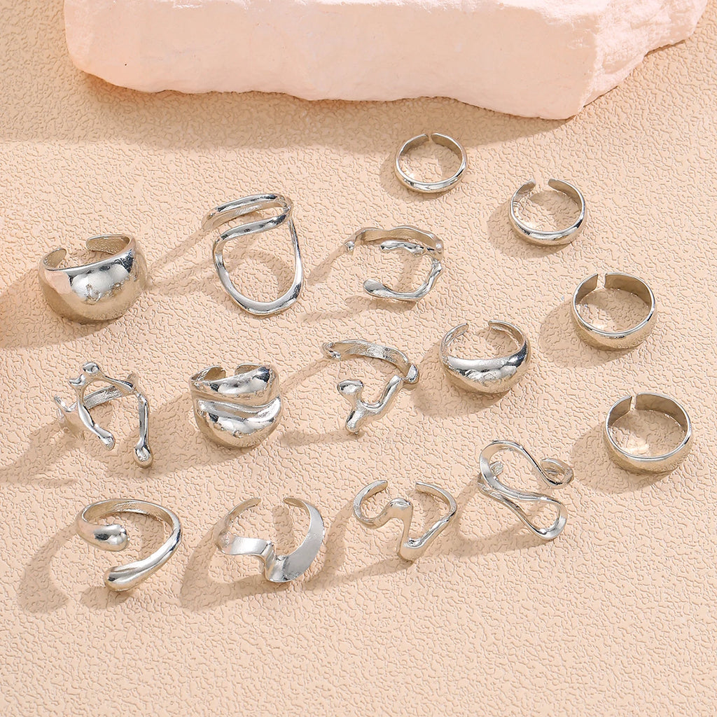 15Pcs Punk Smooth Geometric Open Rings Set For Women Exaggerated Irregular Silver Color Thick Chunky Ring Hip Hop Jewelry Gifts