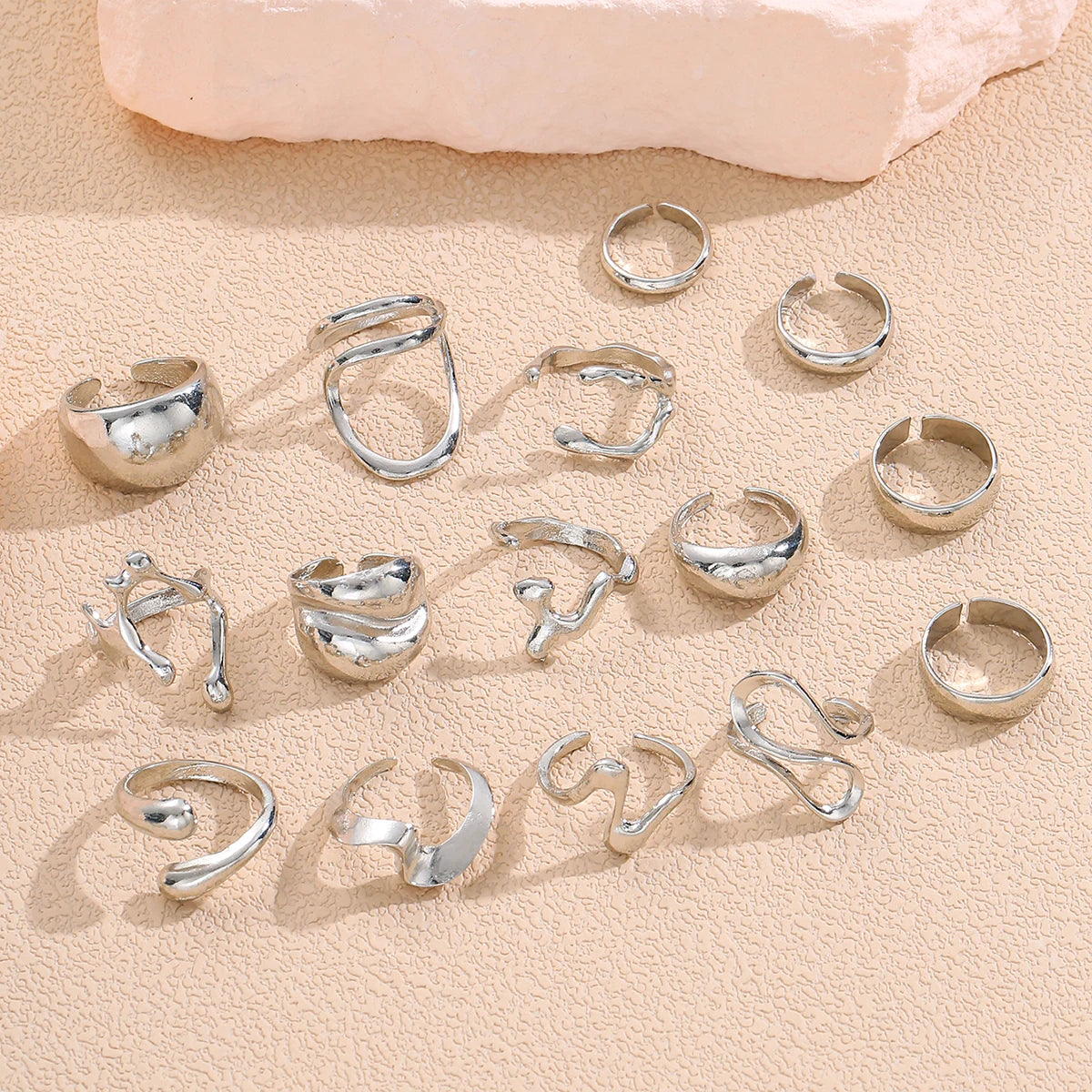 15 Stücke Punk Glatte Geometrische Offene Ringe Set Für Frauen Übertrieben Unregelmäßige Silber Farbe Dick Chunky Ring Hip Hop Schmuck Geschenke