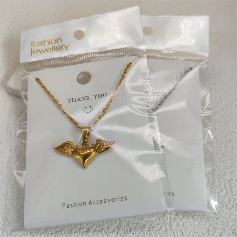 Collares con colgante de moda de acero inoxidable chapado en oro de 18k con diseño de alas de ángel, corazón, rosa y margarita para mujer