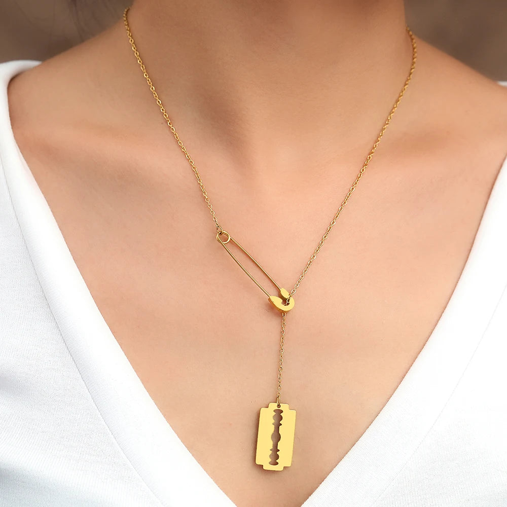 Stainless Steel Necklaces Paperclip Design Gothic Hip Hop Blade Pendants Chains Choker Necklace For Women Jewelry