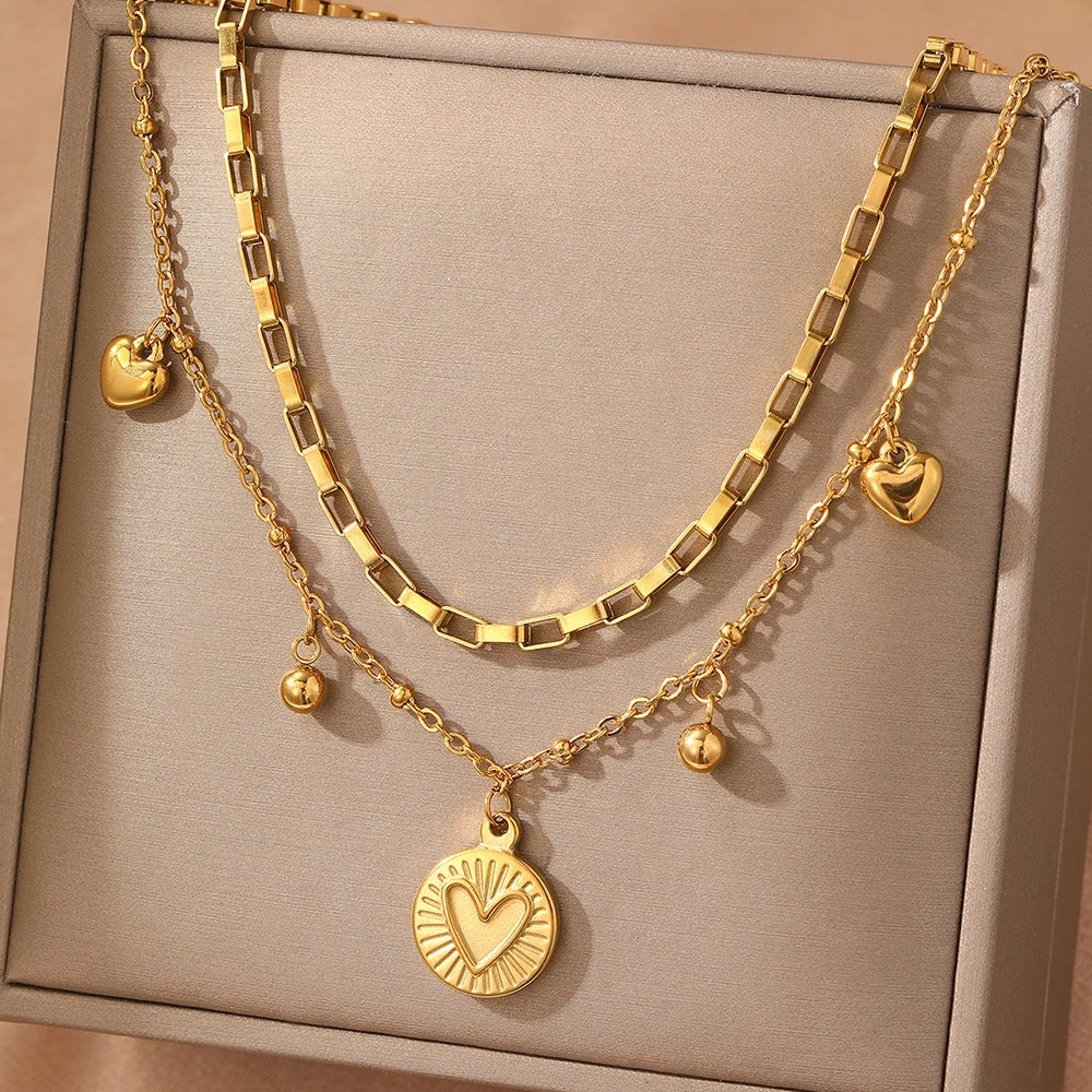 woiwoi Stainless Steel Necklace Luxury Exquisite Peach Heart Double Layer Bone Chain Ladies Jewelry Birthday Anniversary Gift