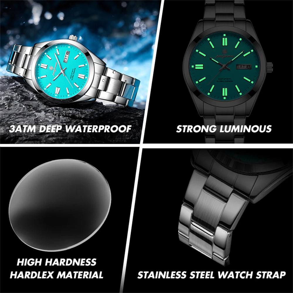 PAAZOMU Reloj de Pulsera para Hombre de Lujo, Resistente al Agua, de Acero Inoxidable, con Fecha Luminosa, Semana, Moda, Negocios, Cuarzo, Relojes de Hombre