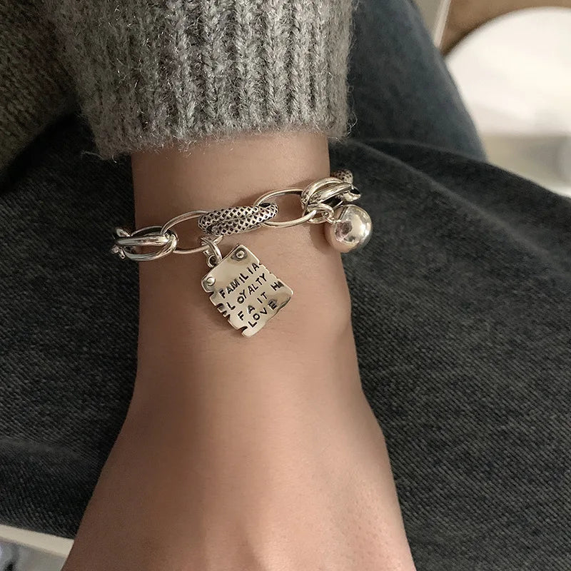 Sterling Silver plated Thai Silver Bracelet for Women Vintage Geometric Heart Love Lucky Punk Jewelry 2023 New Dropship