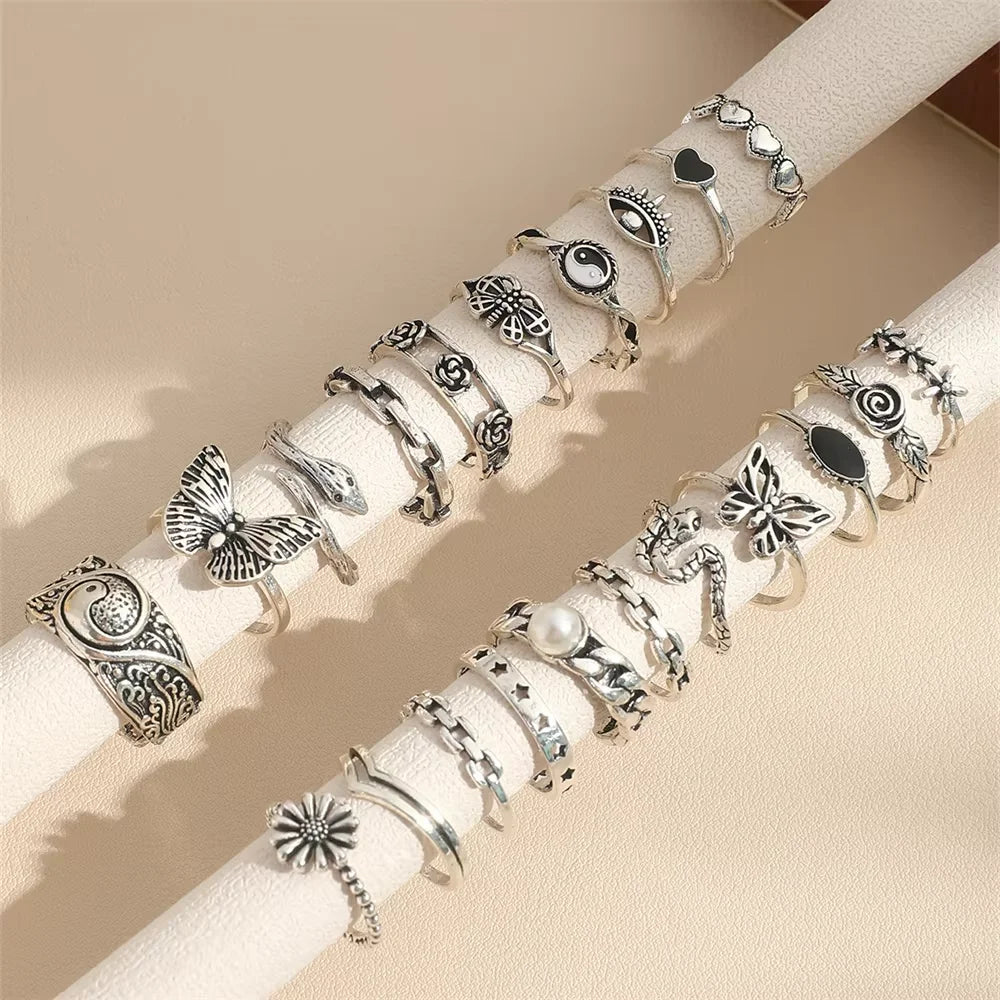 21-teiliges Gothic-Ringe-Set für Frauen, modisch, einfach, Schlange, Schmetterling, böses Auge, Fingerring, trendige Punk-Schmuckgeschenke, Neuheit 2024