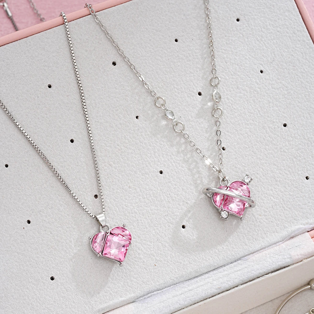 14-teiliges rosa Kristall-Herz-Anhänger-Halsketten-Ohrringe-Ring-Armband-Sets für Frauen Mädchen Mode Schmuck-Set Hochzeitsschmuck-Geschenk