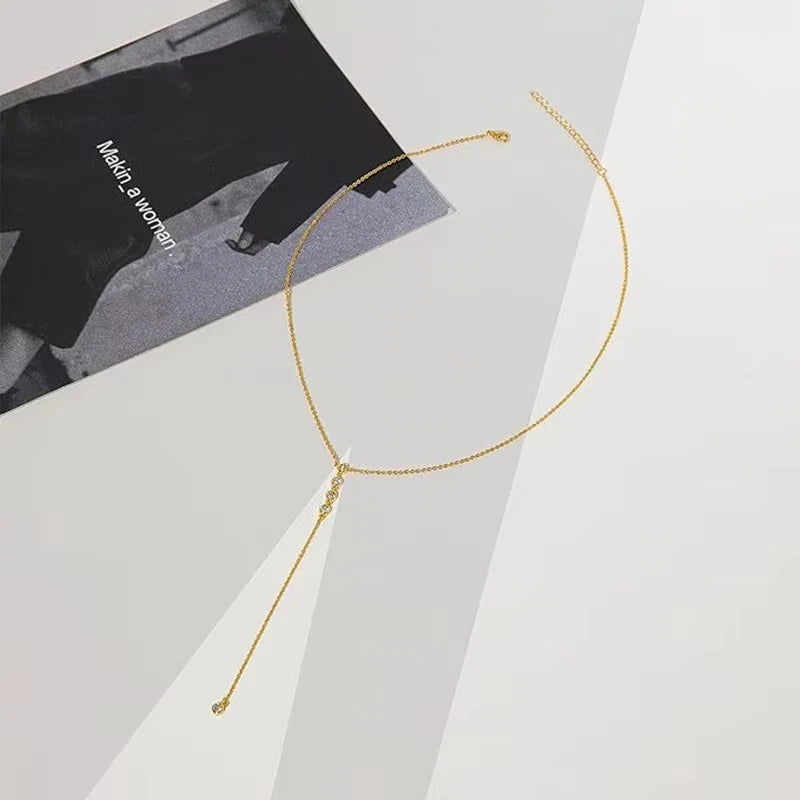 Y2K Simple Zircon Long Tassel Chain Necklaces for Women Metal Geometric Bead Choker Necklace Women's Jewelry