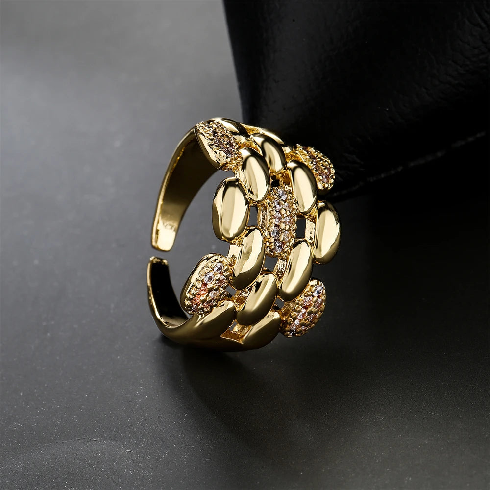 NEWBUY Trendiger Goldfarben Kupfer Geometrischer Schmuck Luxuriöser AAA Zirkonia Ehering Für Elegante Frauen Verlobungsgeschenk