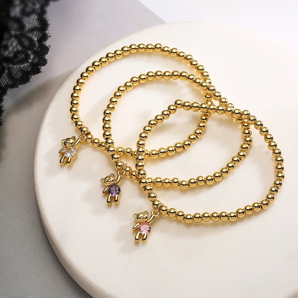 NEWBUY Trendy Gold Color Copper Beads Bracelets For Women White/Pink/Purple CZ Cute Bear Jewelry