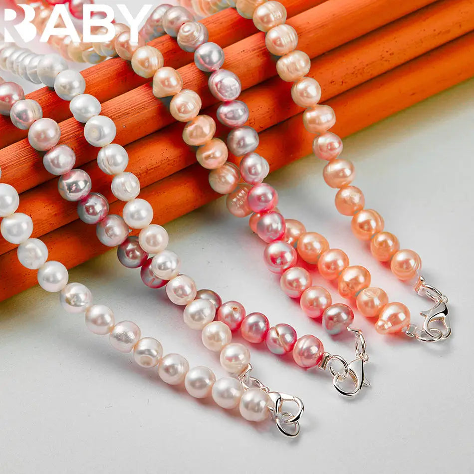 URBABY 925 Sterling Silver 40-50cm White&Pink&Purple Pearl Necklace For Women Charm Trend Birthday Gifts Fashion Party