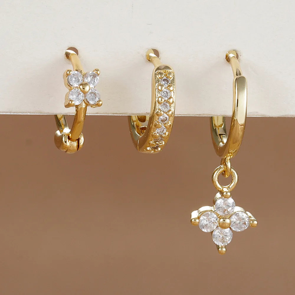 3 Paar modische orange-blaue Zirkon-Hängeohrringe für Damen, Edelstahl-Blumen-Baumelohrringe, Piercing-Schmuckset