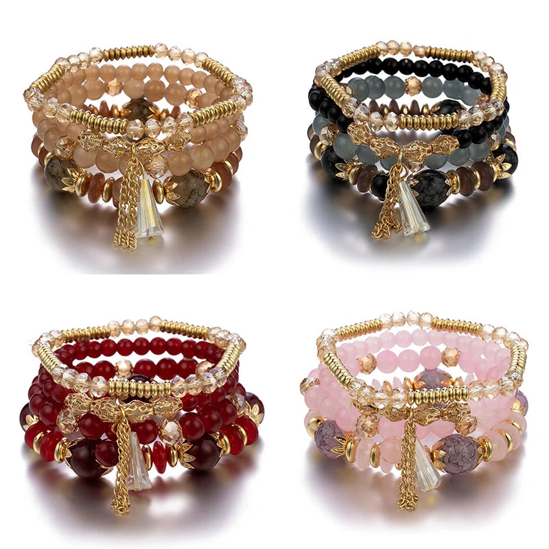 4 Stück neue Quasten-Charm-Perlen-Armband-Set für Frauen Bunt Glasperlenkette Armreif Weiblicher böhmischer Schmuck