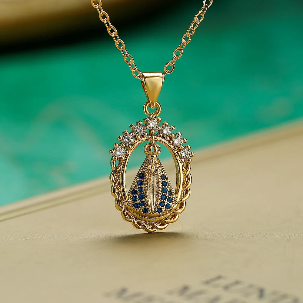 NEWBUY High Quality Women's Religious Jewelry Copper CZ Zircon Inlay Virgin Mary Pendant Stainless Steel Chain Necklace