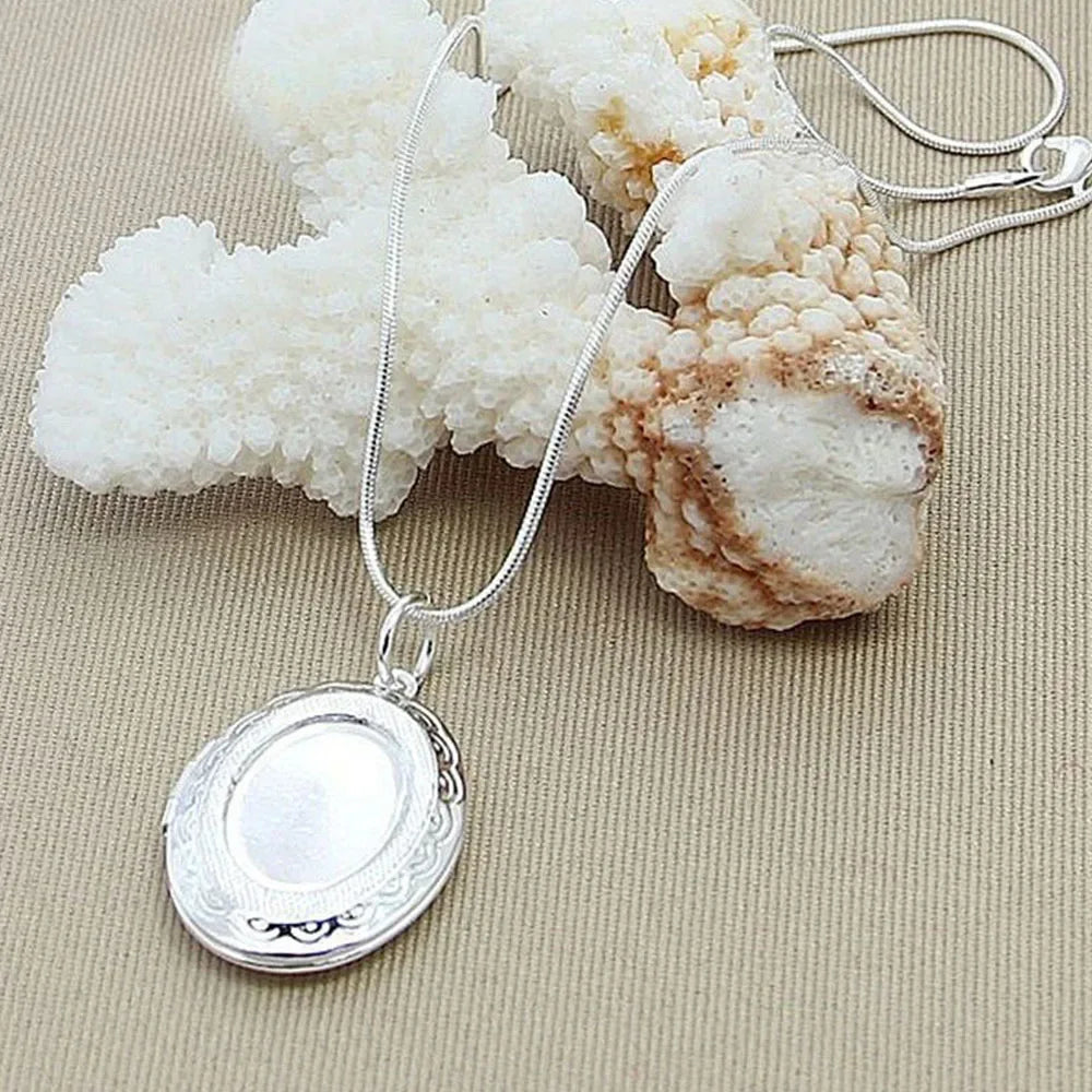 Collar con colgante de marco de fotos ovalado redondo de plata esterlina 925, cadena de serpiente de 18/20-28/30 pulgadas para mujer, hombre, joyería de boda