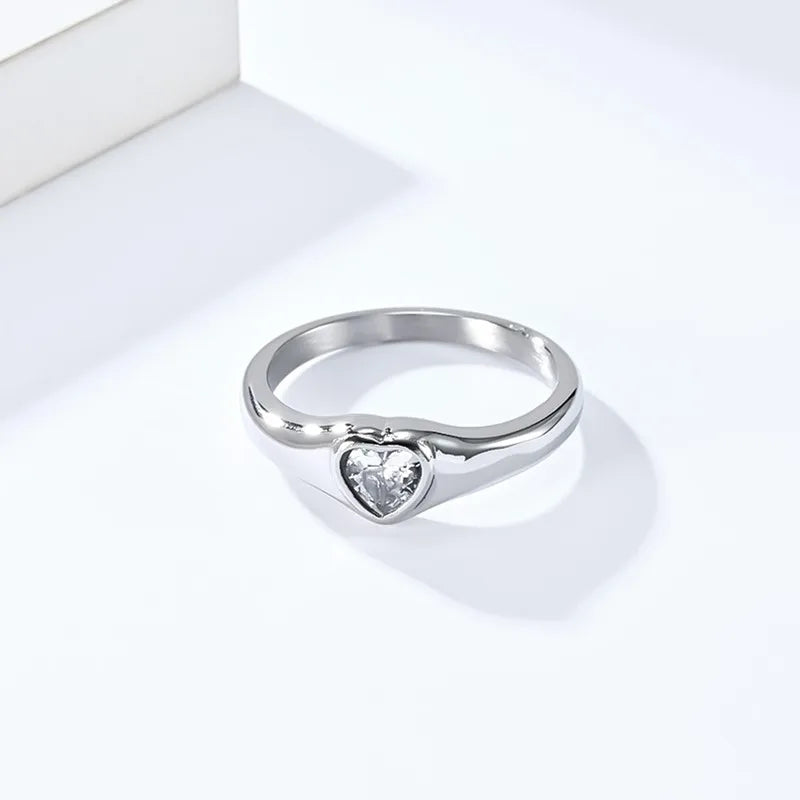 Edelstahl Herz Zirkonia Solitär Ring Ehering für Frauen Mädchen Größe 5-10