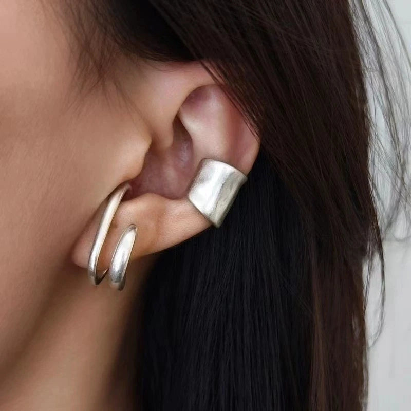 Vintage Fake Piercing Earcuff Double Circle Ear Cuff Faux Earrings for Women Man Hiphop Cuffs Earclips Accessories Korean Fashio