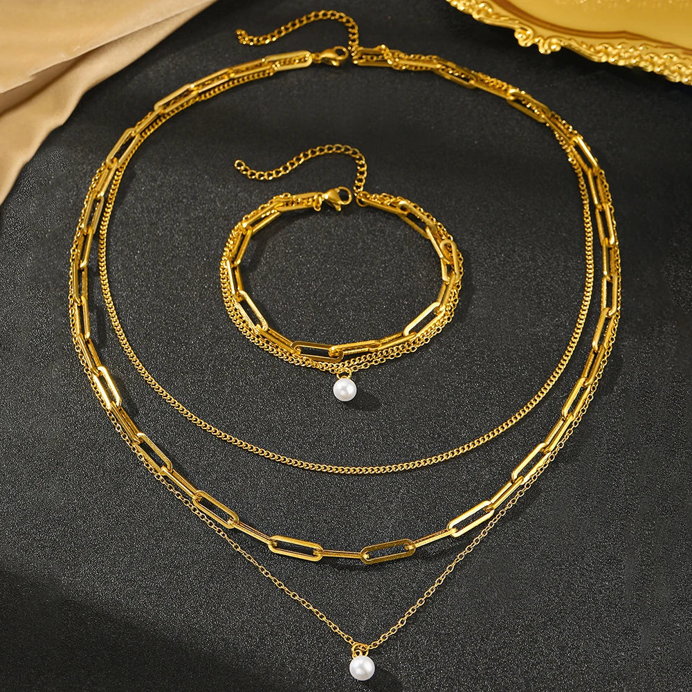 Aomogo Stainless Steel Jewelry Set Delicate Pearl Pendant Jewelry Set Luxury Multi-Layer Chain Jewelry Set For Women Jewelry