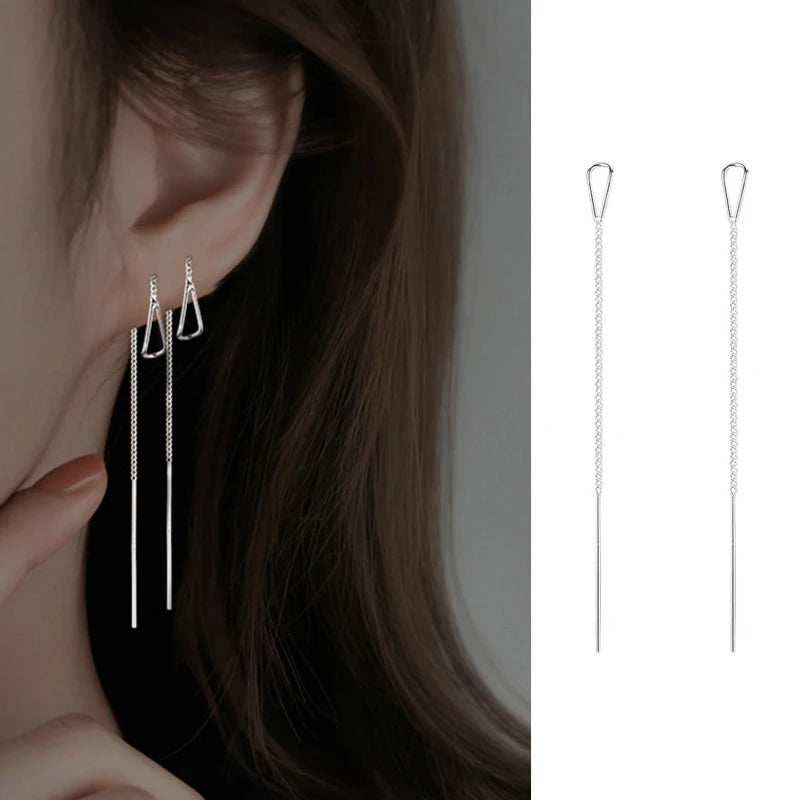 JWER S925 Silver Needle Star Line Earring for Women Tassel Drop Earring Long Chain Beads Piercing Earring Asymmetry Ear Jewelry