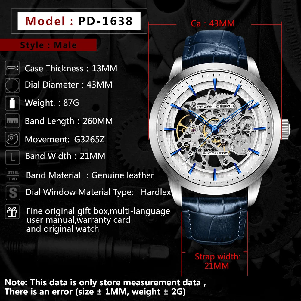 PAGANI DESIGN Reloj de Hombre de Negocios Lujo Esqueleto Hueco Correa de Cuero Reloj de Pulsera Masculino Nuevo Reloj Mecánico Masculino Relogio Masculino