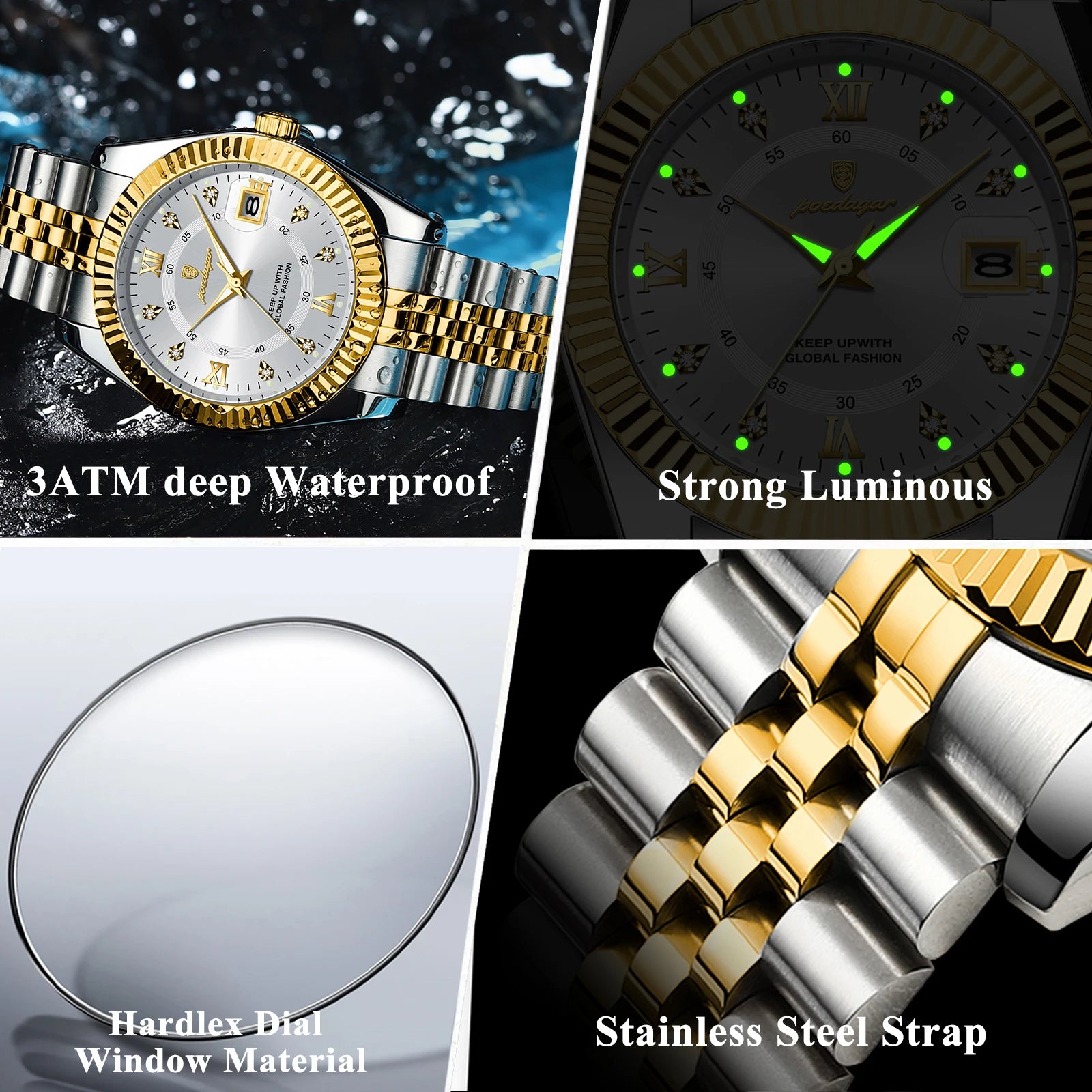 Relojes de cuarzo clásicos de lujo POEDAGAR para hombre, de acero inoxidable, con fecha, resistentes al agua, luminosos, a la moda, de negocios, para hombre