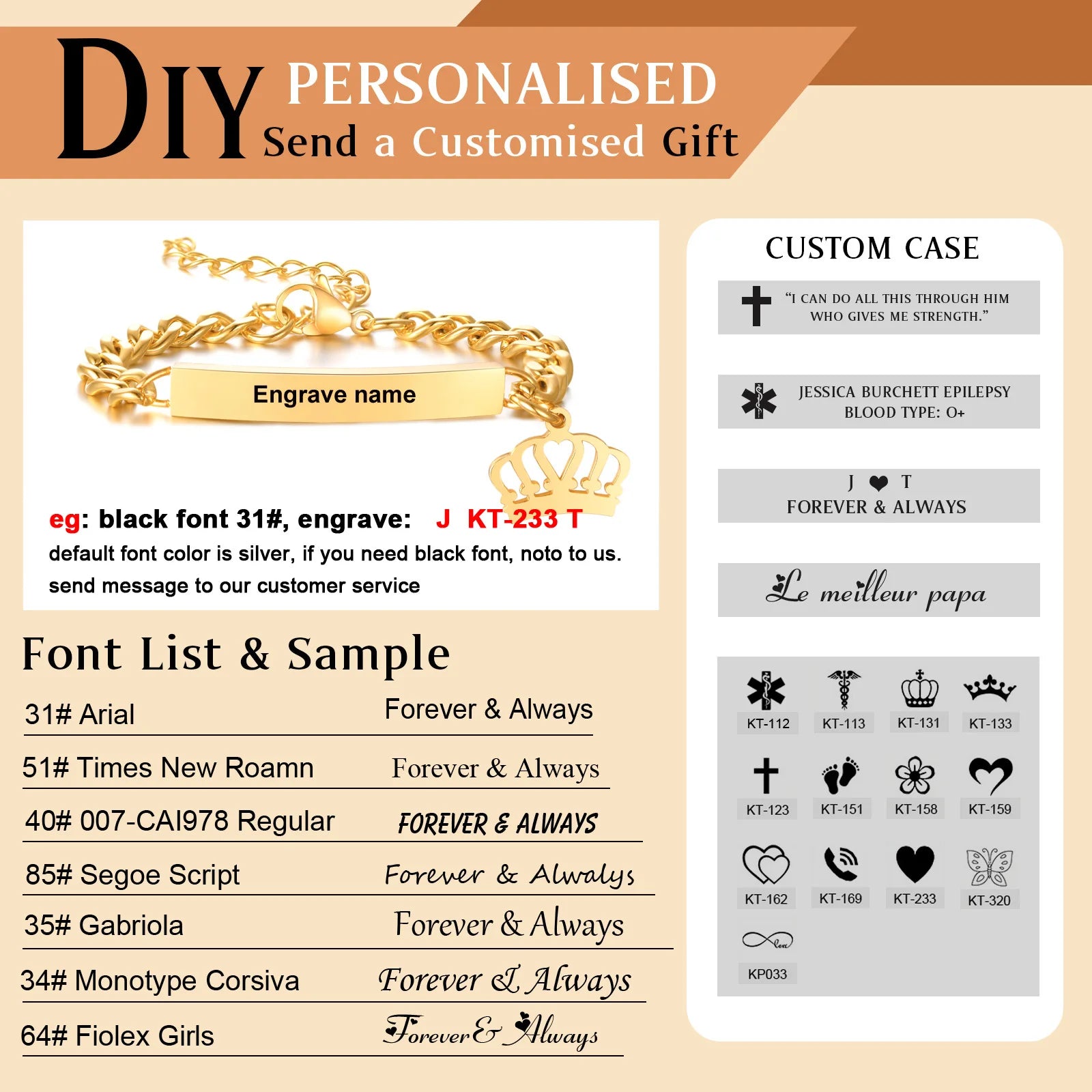 Individuelles personalisiertes Namens-ID-Armband für Mädchen und Jungen, Edelstahl-Gliederketten-Kronenarmband, nicht allergisch