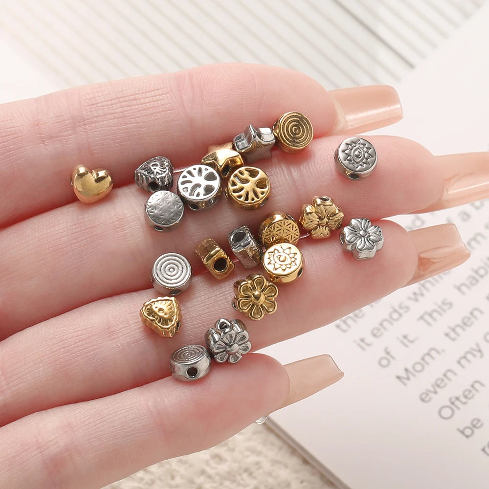 10 Stück/Packung Edelstahl in verschiedenen Formen Goldstahl Farbe Textur Abstandsperlen für DIY Armband Schmuckherstellung Zubehör