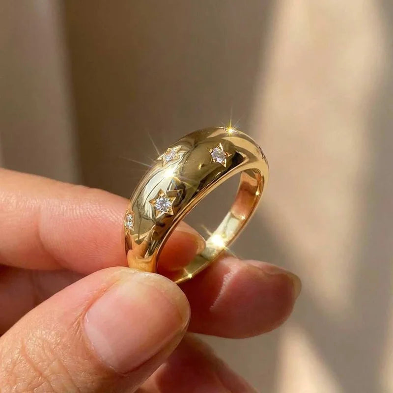 925er Sterlingsilber Stern Chunky Ring für Frauen Vintage Trendy Goldfarbe Zirkonia Finger Stapelringe Punk Accessoires Schmuck