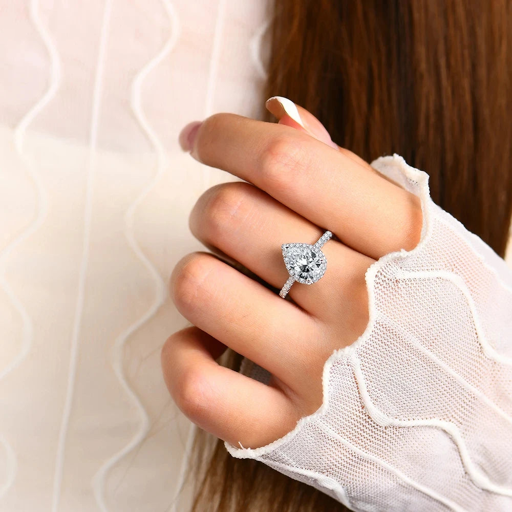 MINTYBOX Anillo de Moissanita de Lujo Corte Pera 2.0CT Plata de Ley 925 Baño de Oro 18K Anillo de Compromiso Halo para Mujer Regalo de Joyería Fina