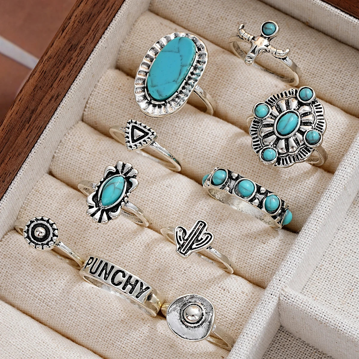 10tlg. Trendy Western Style Ring-Set für Damen und Herren Vintage Türkis Bullenkopf Lotus Sonnen Design Ring Alltagsoutfit Schmuck Geschenke