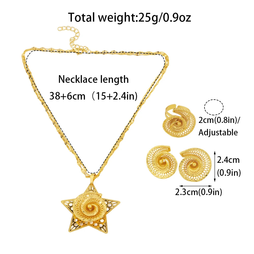 Afrikanisches Goldfarbenes Damen-Halsketten- und Ohrringe-Set im Trend Dubai Blumen-Hohl-Schmuckset Geschenk für Party, Hochzeit, Alltag