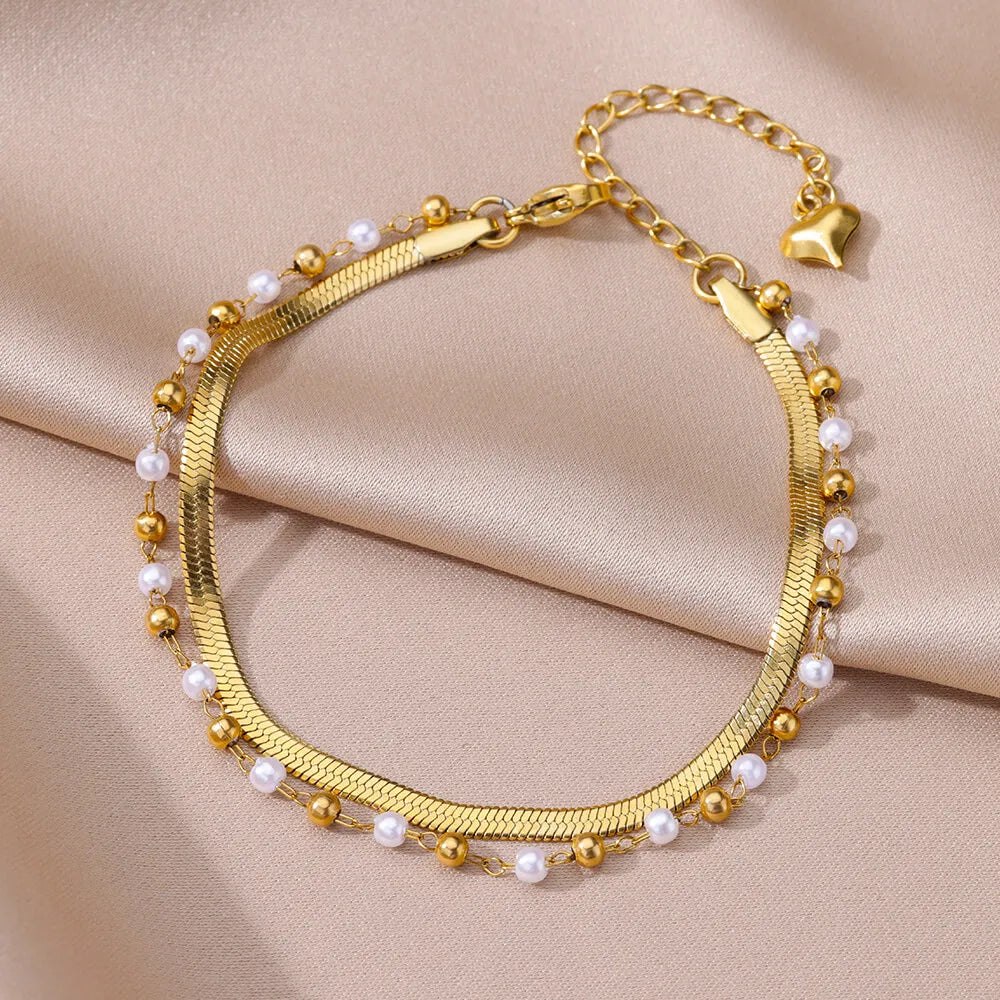 Edelstahl-Imitationsperlen-Fußkettchen für Damen, goldfarbene Kette, Knöchel-Armband, Fußkettchen, Sommer-Strandschmuck-Accessoires, Geschenk