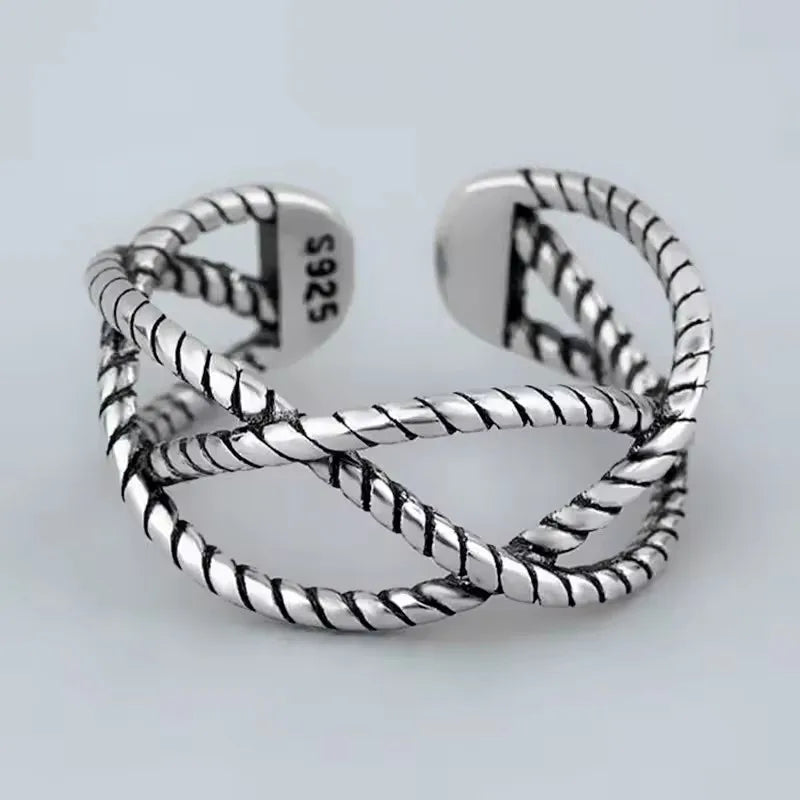 Anillo Nudo Cadena Plata de Ley 925 para Mujer, Anillo Ancho de Diseño Geométrico Rock Punk, Regalo de Joyería, Venta al por Mayor y Dropshipping