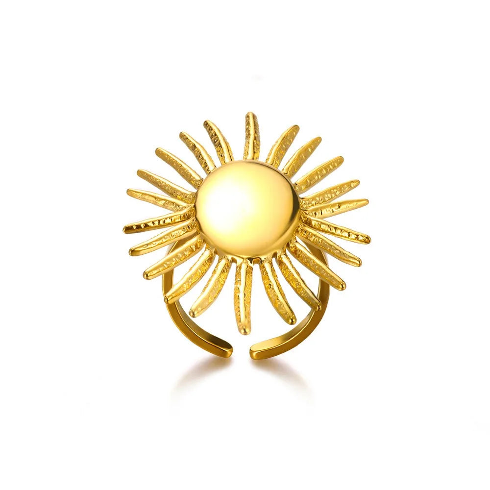 Überzogene Sonnenringe für Damen, goldfarben, Edelstahl, verstellbarer Sonnenring, modisches Jubiläumsparty-Glücksschmuckgeschenk