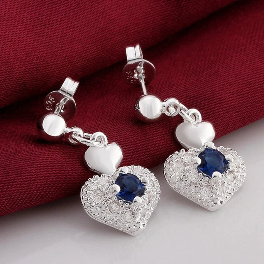 Heißes Edelblau Kristall Herz 925 Sterling Silber Anhänger Halskette Ohrring Schmucksets für Frauen klassische Mode Party feines Geschenk