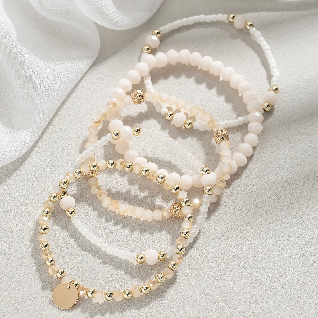 5er-Set modischer Harz-Perlenarmbänder für Frauen, runde Anhänger, elastische Perlenketten-Armreifen, Armband, Damenschmuck für den Urlaub