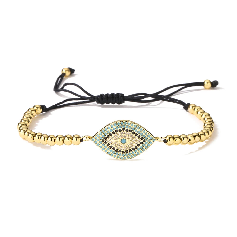 NEWBUY 2023 Mode Handgemachte schwarze Seilperlenkette Armband Verstellbar AAA Zirkonia Böser Blick Charm Armbänder für Frauen Mädchen