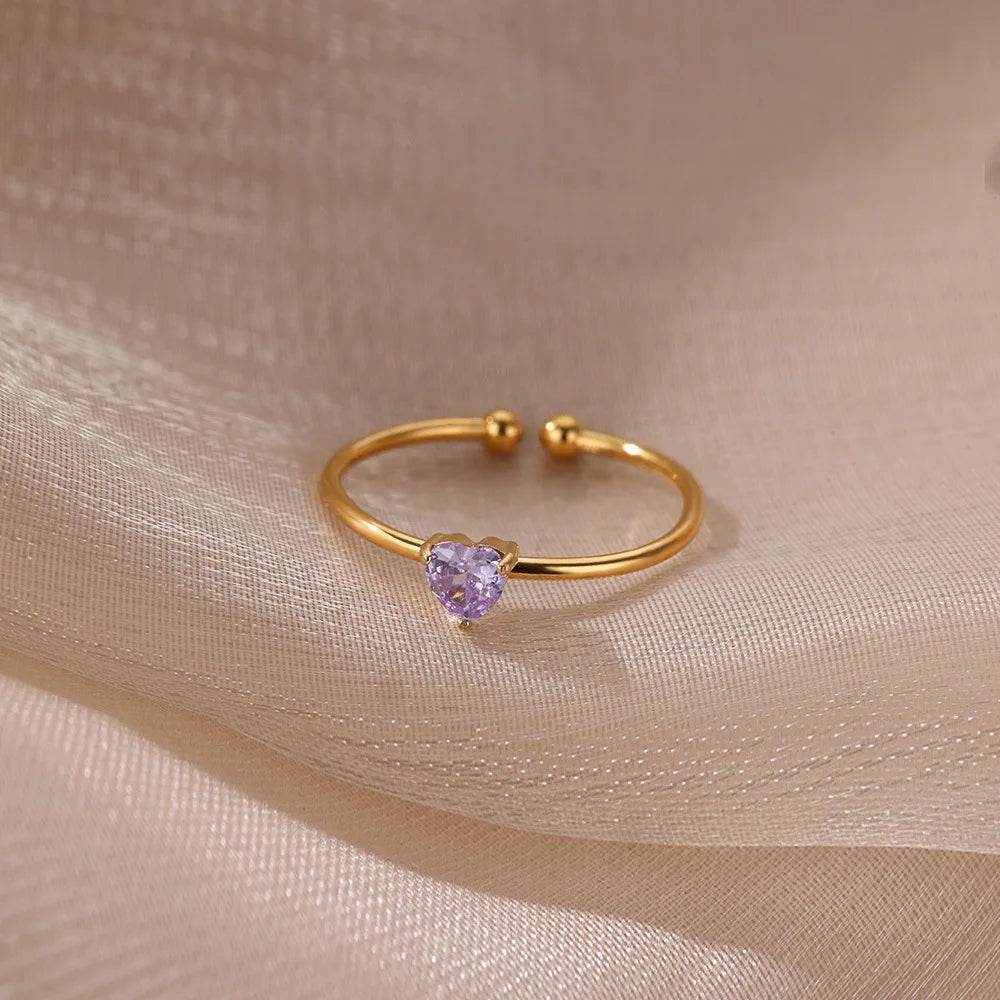 Edelstahl Geburtsstein Offene Ringe für Frauen Mode 12-farbiger Kristall Zirkon Herz Ring Geburtstag Ästhetischer Schmuck Geschenk