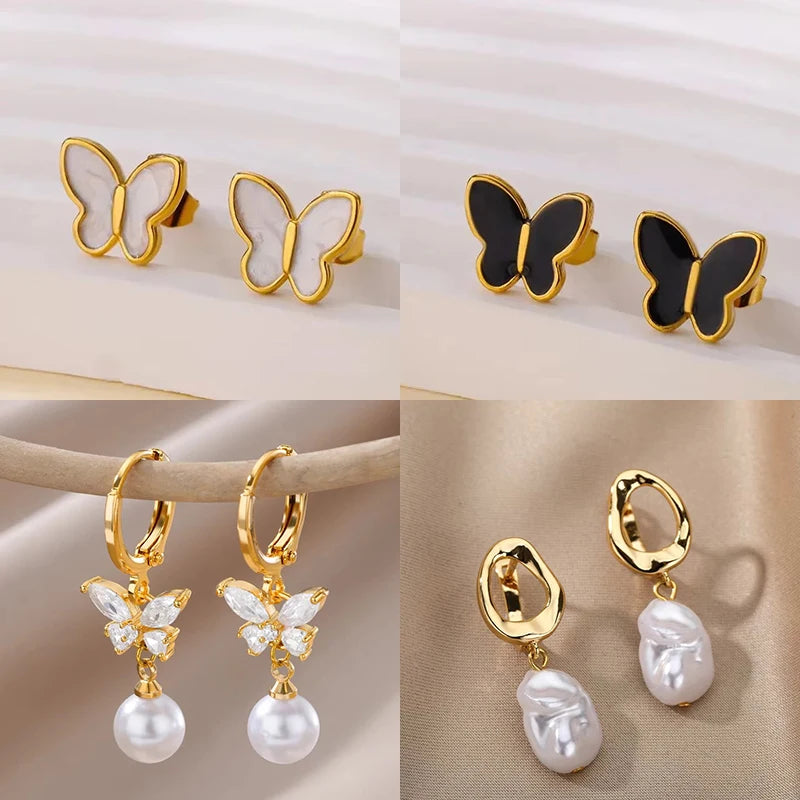 Edelstahl Weiße Schmetterlings-Ohrringe für Frauen Elegante Ohr-Accessoires Ästhetische Schmetterlings-Ohrstecker Hochzeitsschmuck Geschenk