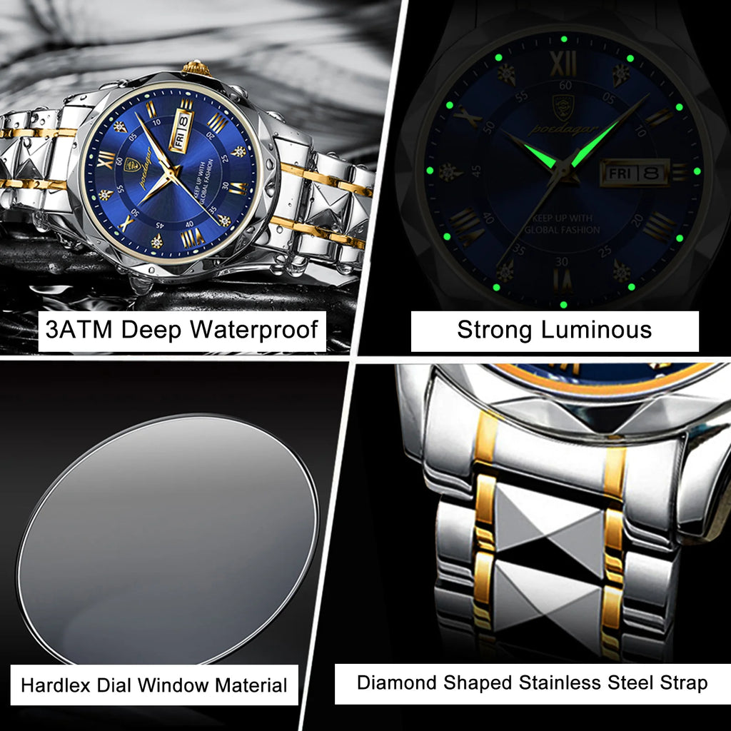 POEDAGAR Relojes de Lujo para Hombre, Impermeables de Acero Inoxidable, Luminosos, Reloj de Pulsera para Hombre, Fecha, Semana, Deportivo, Reloj de Cuarzo para Hombre, Reloj