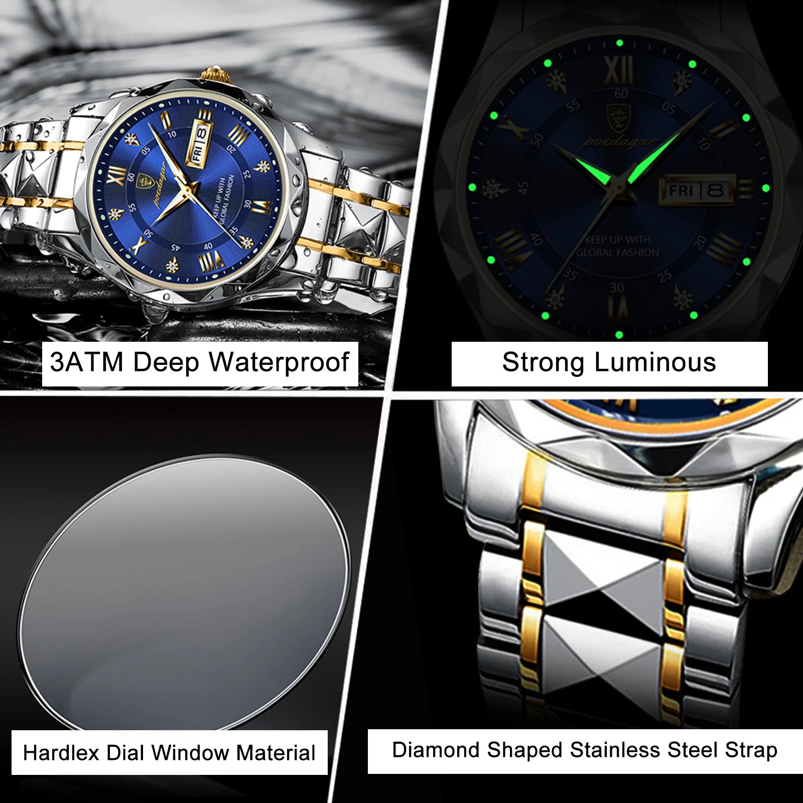 POEDAGAR Relojes de Lujo para Hombre, Impermeables de Acero Inoxidable, Luminosos, Reloj de Pulsera para Hombre, Fecha, Semana, Deportivo, Reloj de Cuarzo para Hombre, Reloj