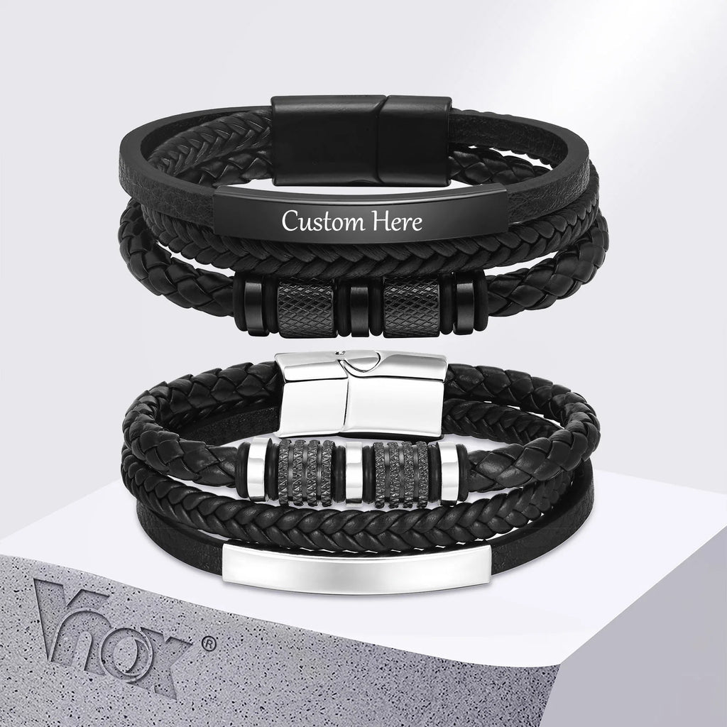 Vnox Personalized Braided Leather Bracelet for Men Handmade Triple Woven Pu Leather Bracelet Custom Name Text Jewelry Gifts