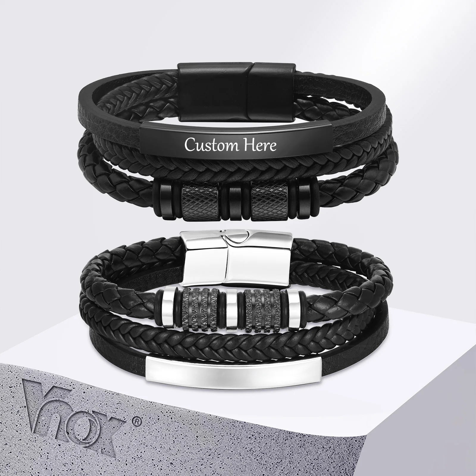 Vnox Personalized Braided Leather Bracelet for Men Handmade Triple Woven Pu Leather Bracelet Custom Name Text Jewelry Gifts