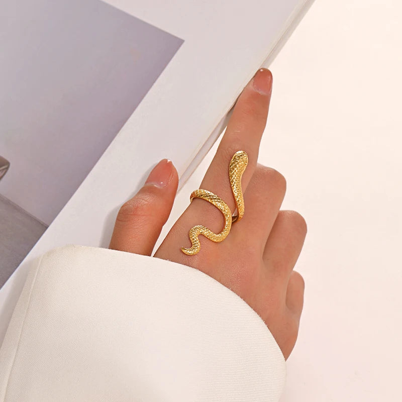 Stainless Steel Snake Rings for Women Men Gold Color Open Adjustable Finger Ring Vintage Gothic Aesthetic Jewelry Anillos Mujer