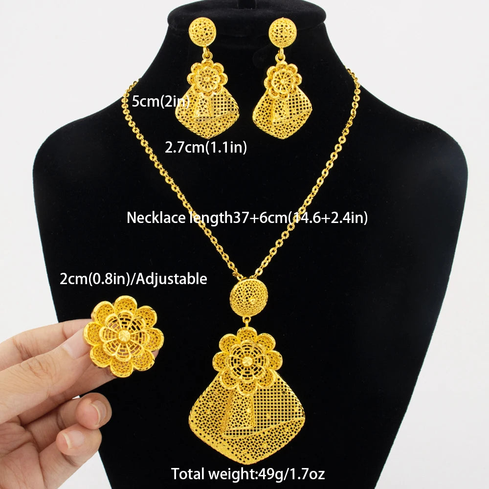 24 Karat goldfarbenes Party-Halskette-Ohrringe-Ringe-Set, luxuriöse Goldschmuck-Sets für Damen, Hochzeitsfeier-Accessoires