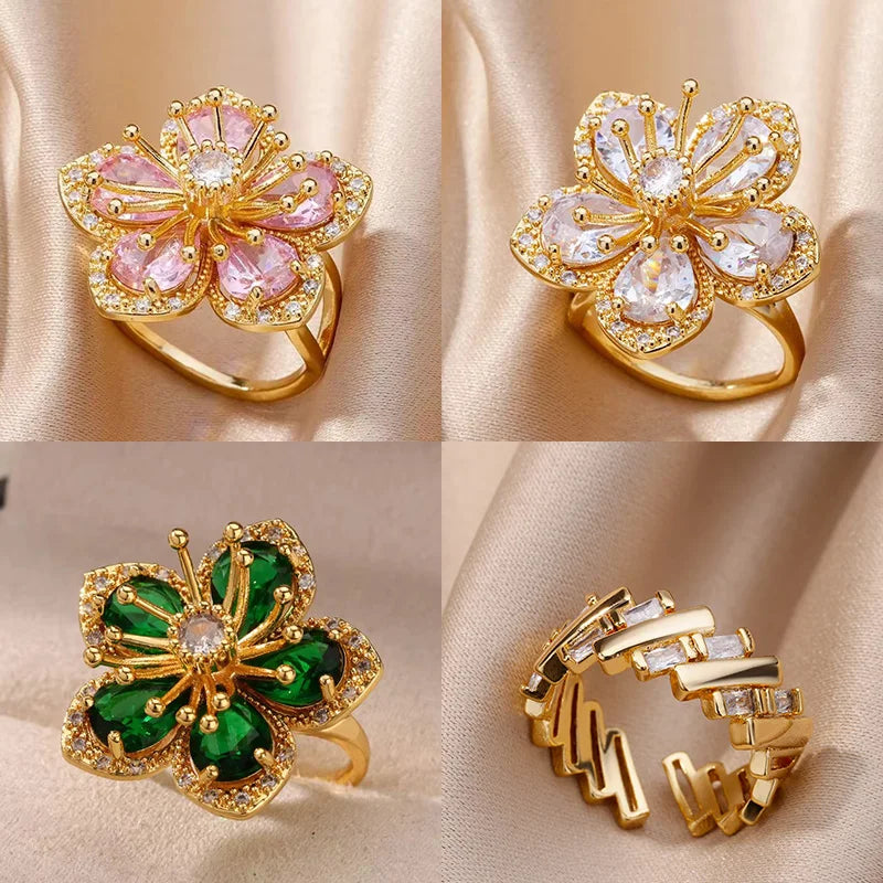 Rosa Zirkonia Blumenringe für Frauen Goldfarbener Edelstahlring 2025 Trend Elegante florale Luxus-Ästhetik Schmuck Anillos