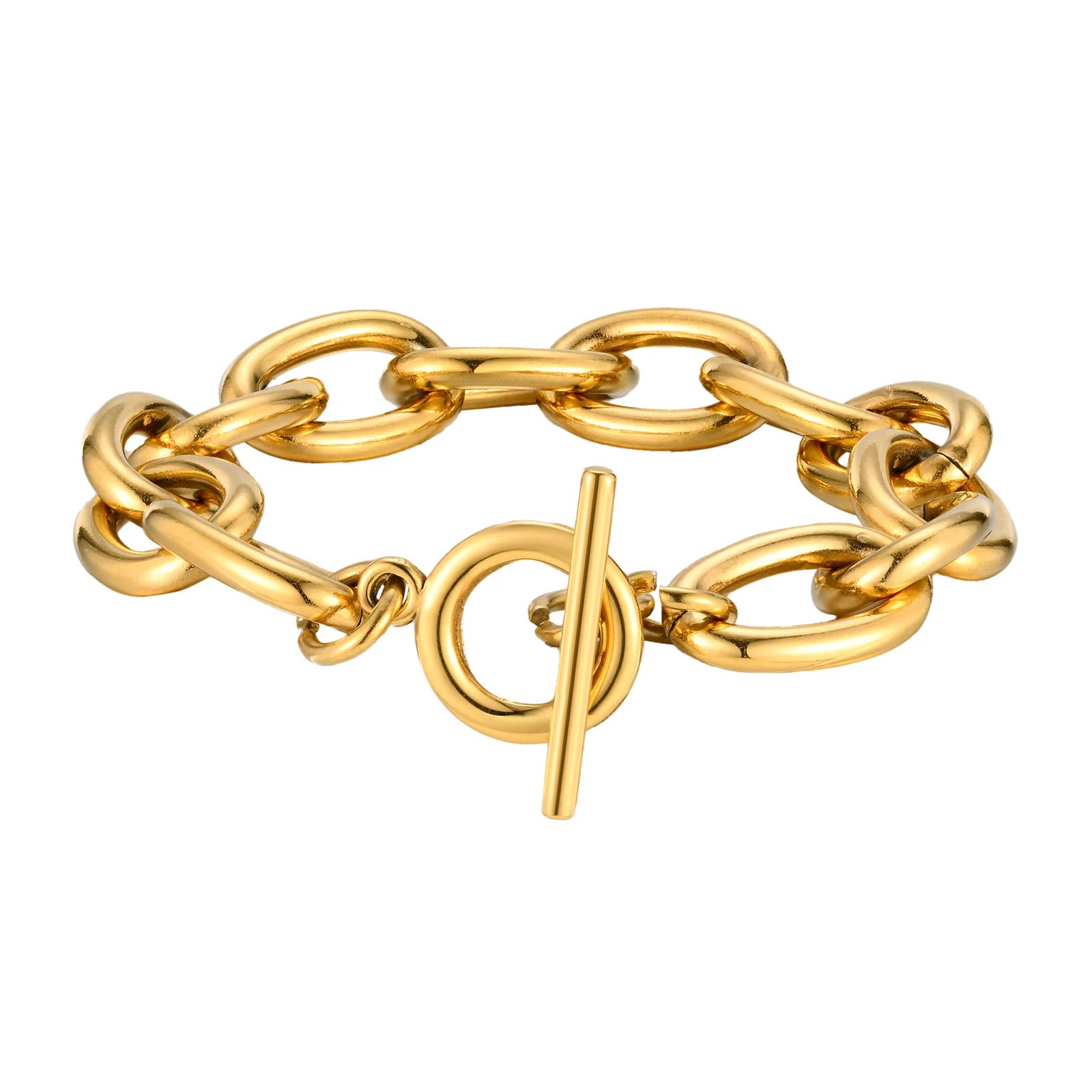 Massive klobige Toggle-Armbänder für Damen, Edelstahl OT-Verschluss-Gliederkettenarmband, vergoldet, anlaufgeschützt