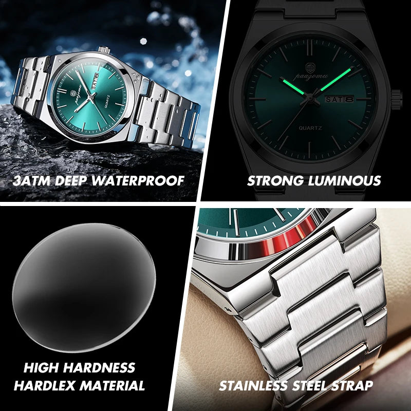 PAAZOMU Reloj de cuarzo de moda para hombre, de acero inoxidable, impermeable, luminoso, cronógrafo, fecha, multifunción para hombre