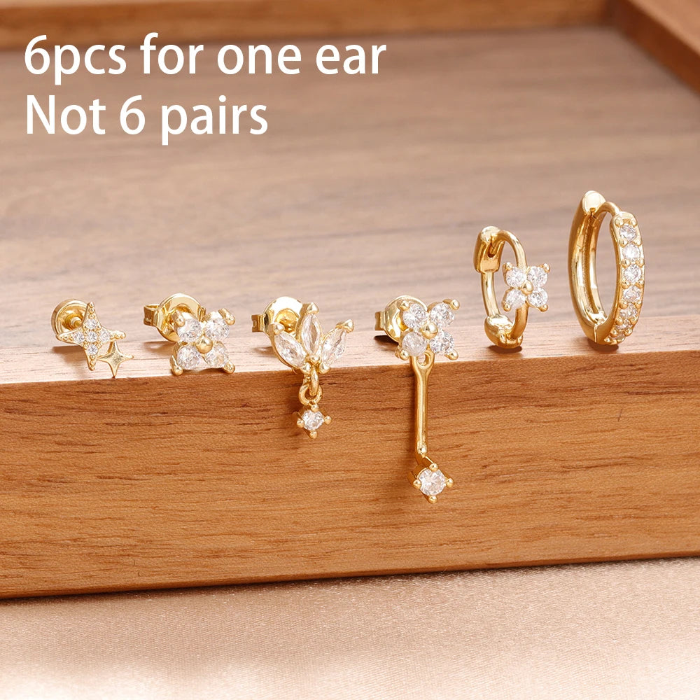 6PCS Mode Süße Zirkon Blume Ohrstecker Für Frauen Mode 18K Vergoldet Stern Ohrstecker Ohrringe Piercing Mädchen Set Schmuck Geschenk
